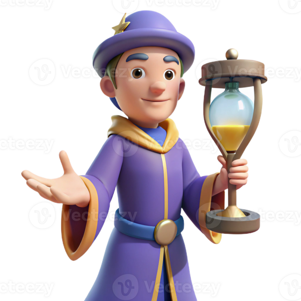 extraordinary abstract 3D Cartoon Wizard with Hourglass Illustration professional png