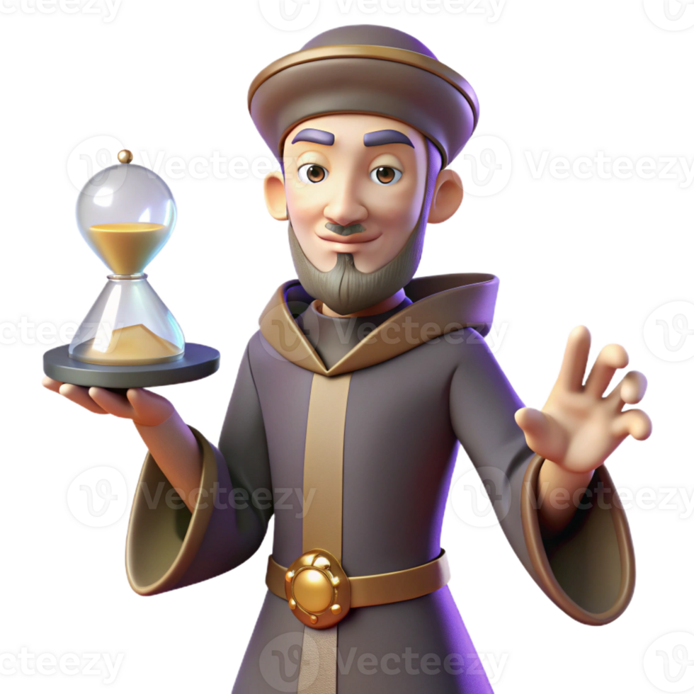 impressive rustic 3D Cartoon Wise Man with Hourglass original png