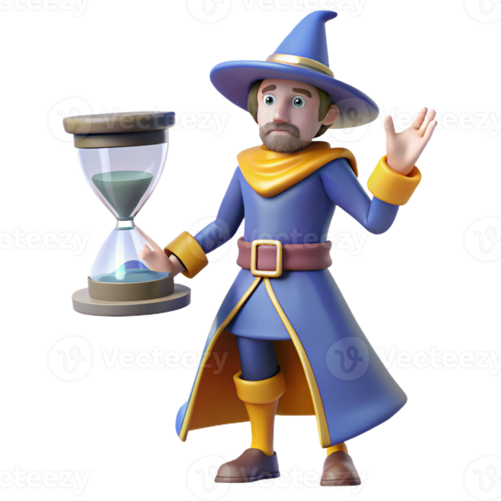 beautiful contemporary Wizard with Hourglass 3D Render authentic png