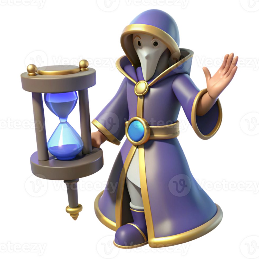 dramatic rustic 3D Cartoon Wizard with Hourglass high resolution png