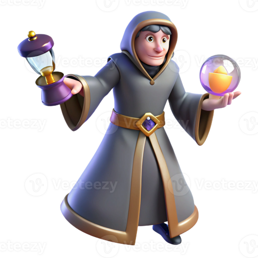 elegant creative 3D Cartoon Wizard with Hourglass and Orb exclusive png