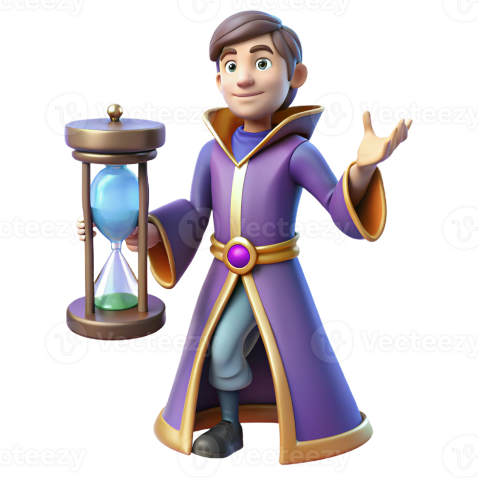 impressive traditional 3D Cartoon Wizard with Hourglass detailed png