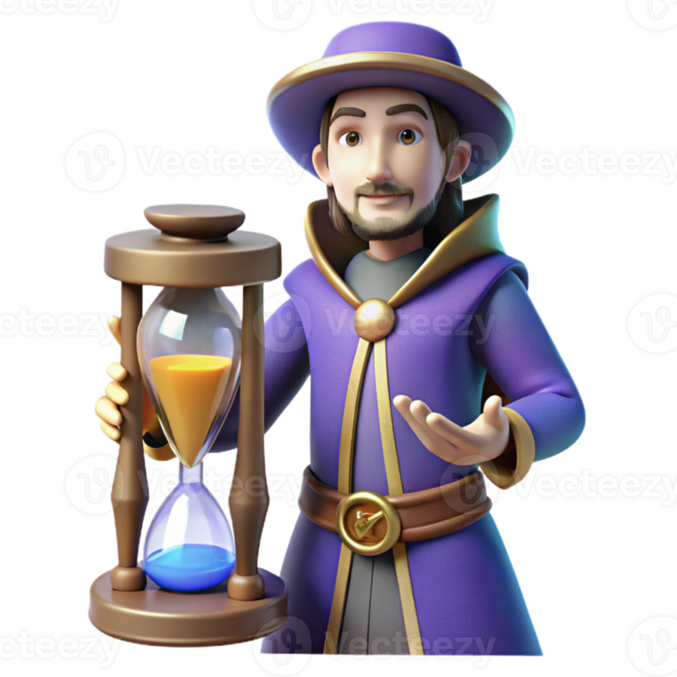 dramatic rustic Wizard with Hourglass 3D Render exclusive png
