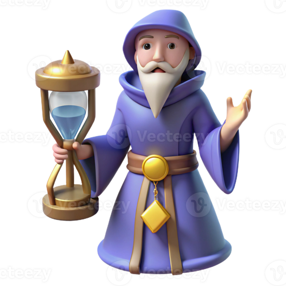 serene rustic Wise Wizard 3D Render with Hourglass premium png