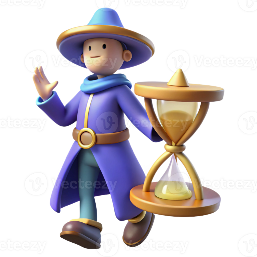 extraordinary vintage 3D Cartoon Wizard with Hourglass detailed png