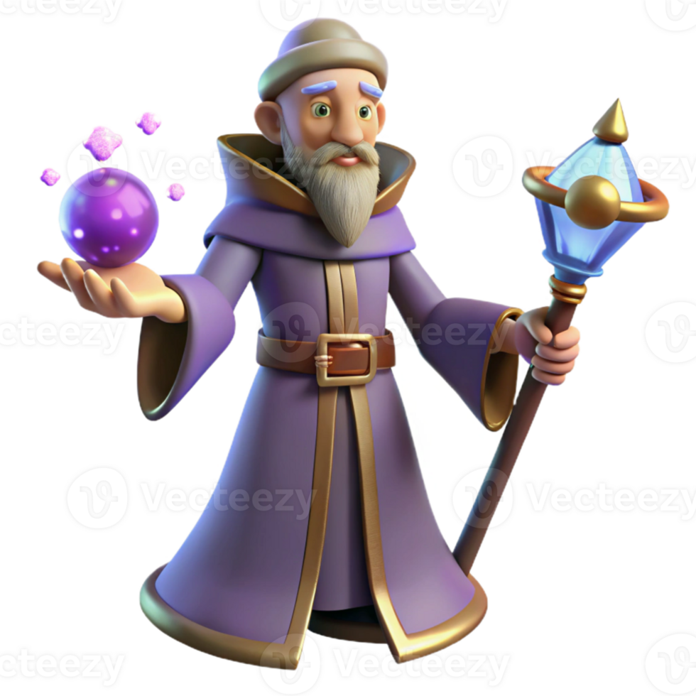 vibrant abstract 3D Render Wizard with Magic Orb and Staff professional png