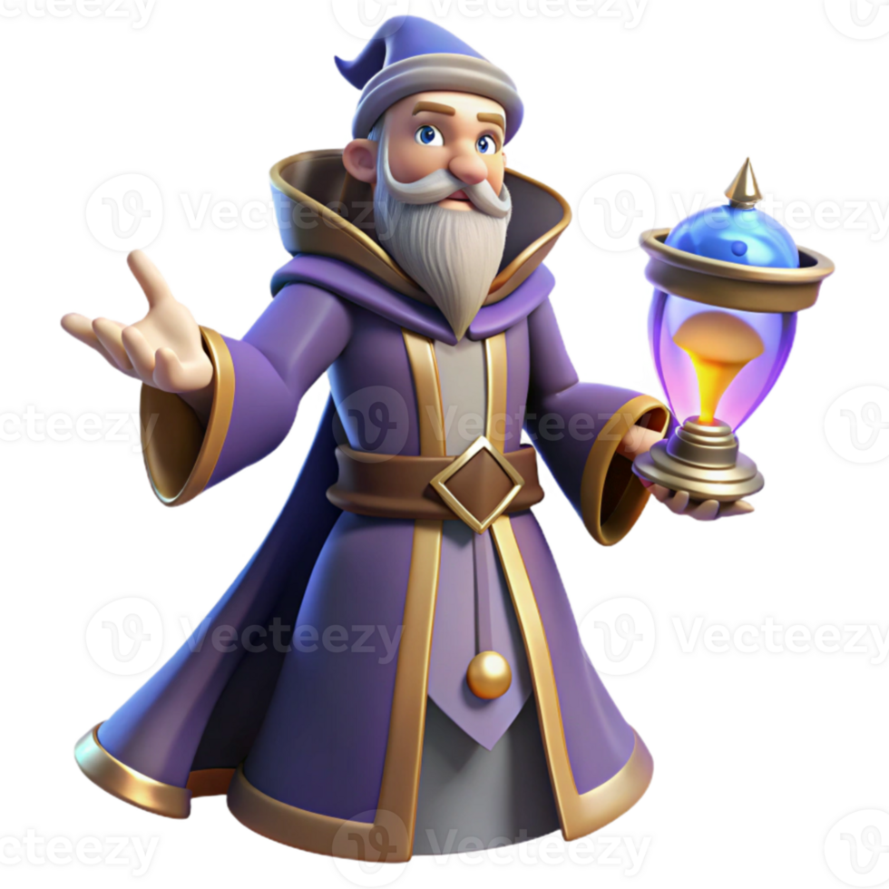 serene creative Wise Wizard 3D Render, Magical Hourglass 4K png