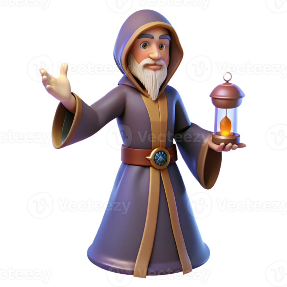 magnificent traditional 3D Render Wizard with Lantern Illustration high resolution png