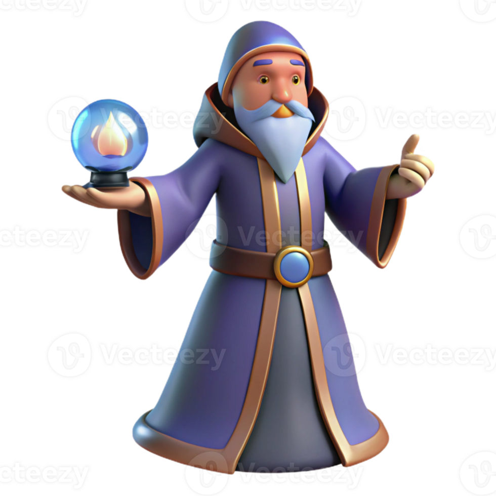 impressive minimalist 3D Cartoon Wizard with Crystal Ball high quality png