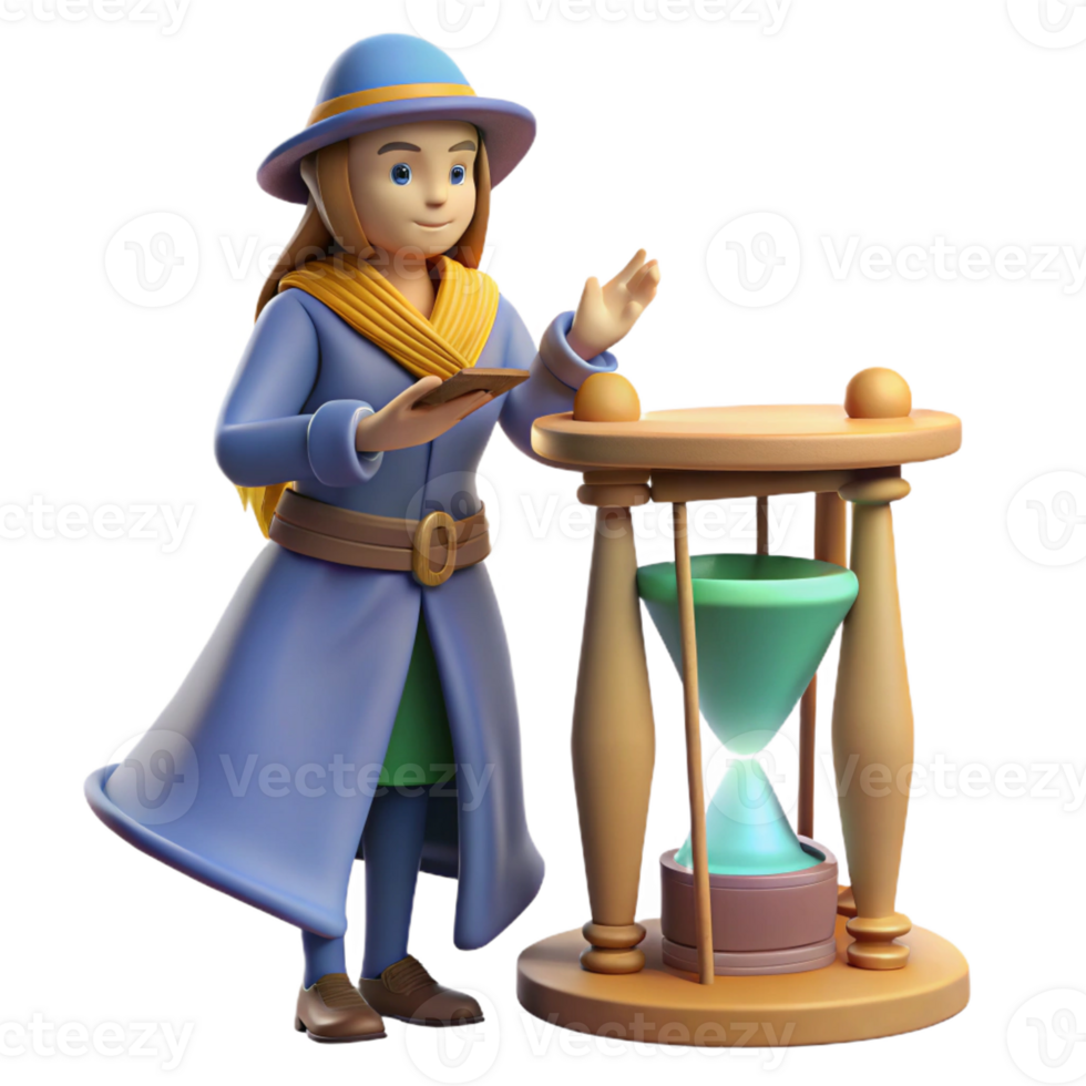 serene rustic 3D Render Cartoon Girl with Hourglass Illustration authentic png