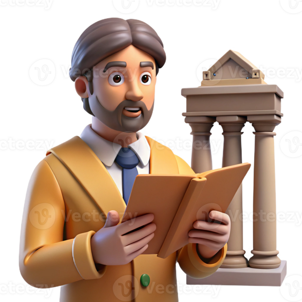 dramatic rustic 3D Illustration Professor Reading Book Ancient Columns authentic png