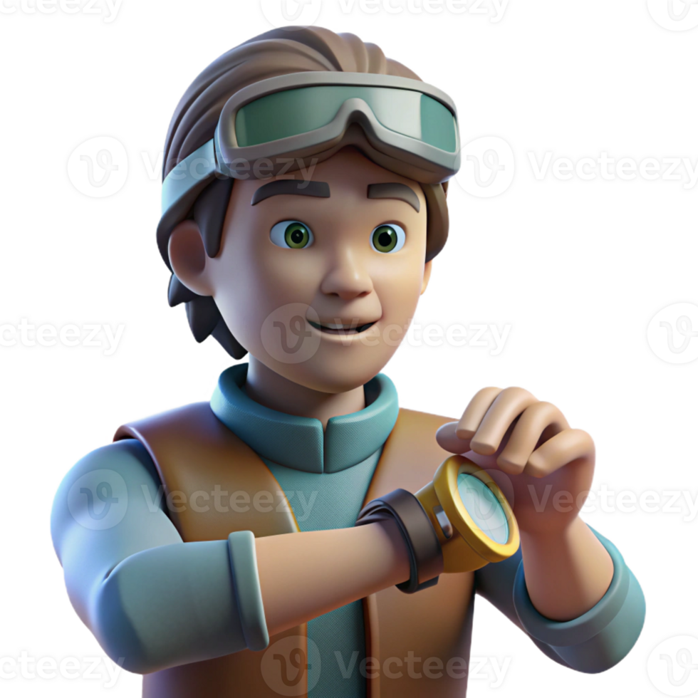 magnificent abstract 3D Render Boy Adventurer Checking Watch premium png