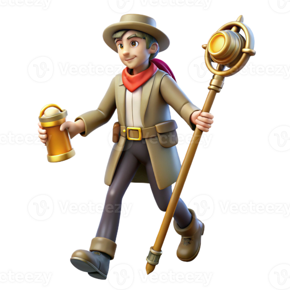 magnificent rustic 3D Cartoon Explorer with Staff authentic png