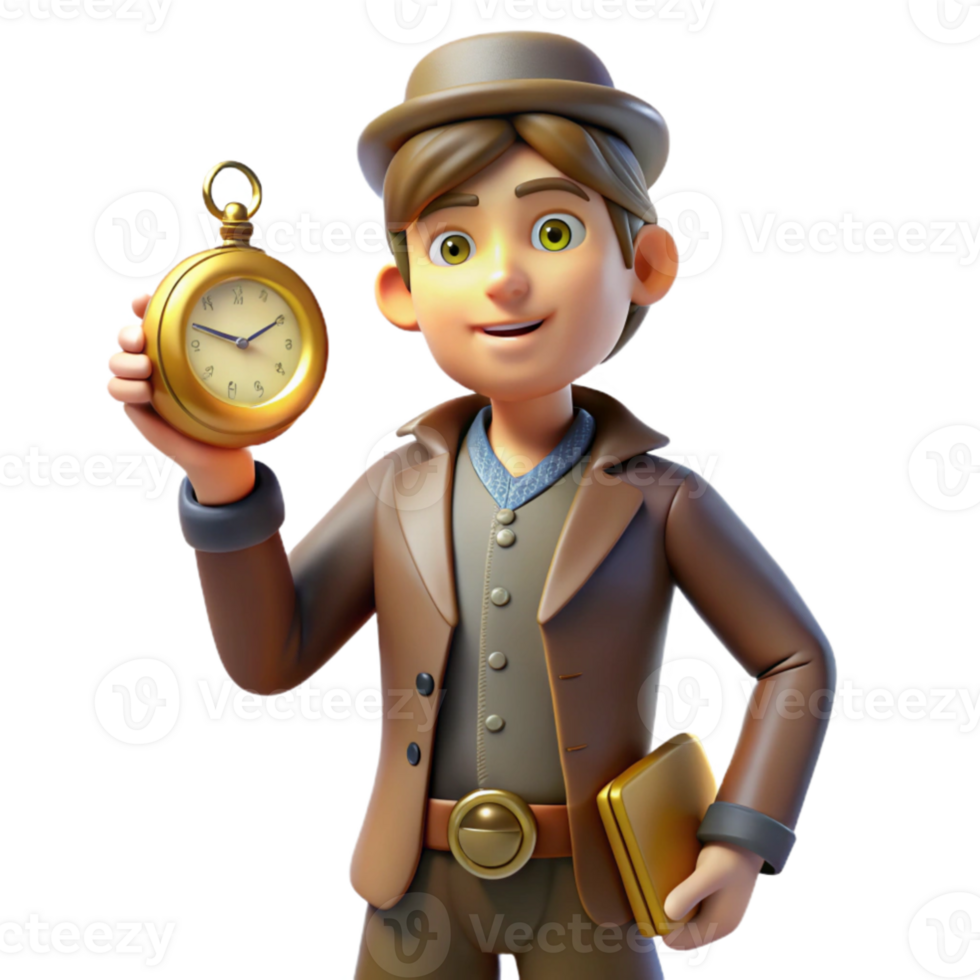 magnificent rustic 3D Render Cartoon Boy with Pocket Watch 4K png