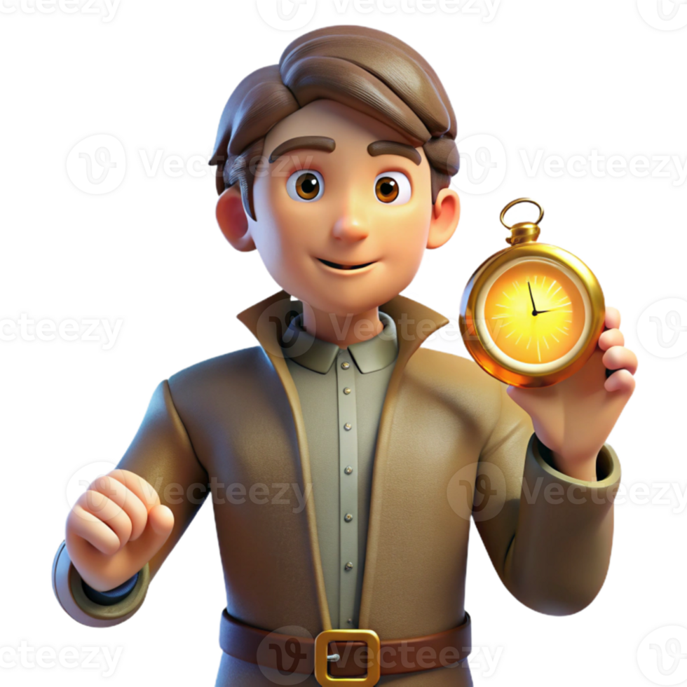 serene traditional 3D Cartoon Boy Holding Pocket Watch Illustration authentic png