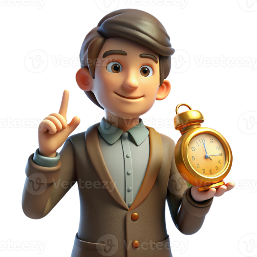 beautiful minimalist 3D Cartoon Man with Clock, Time Management Illustration detailed png