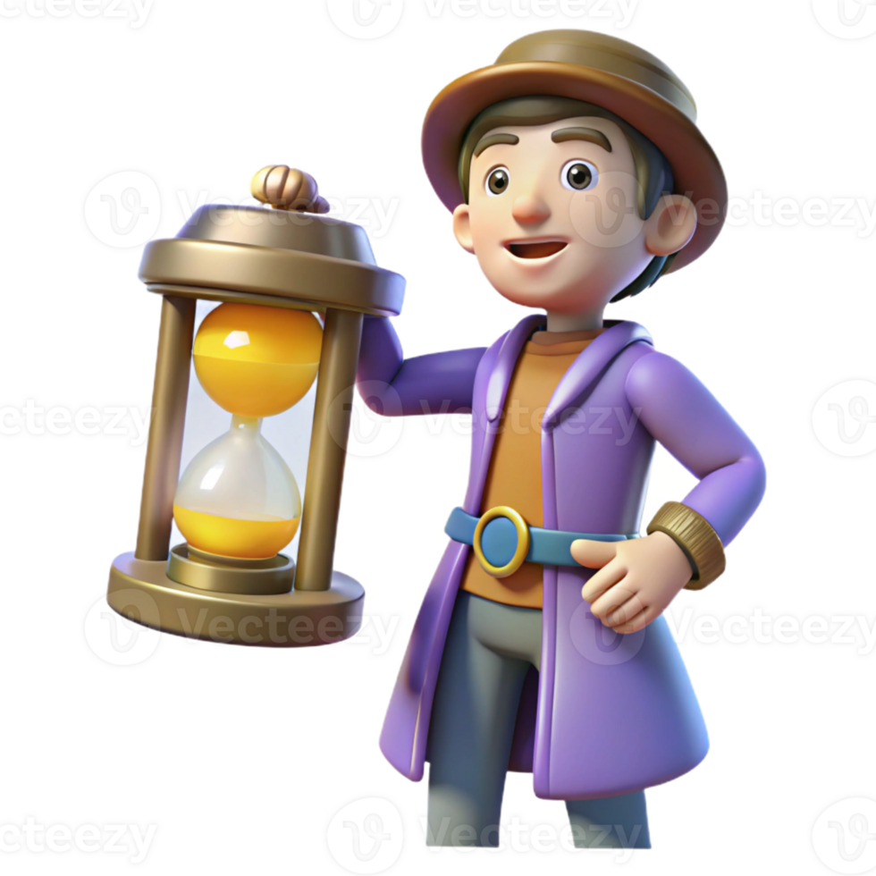 impressive rustic 3D Cartoon Boy with Hourglass professional png