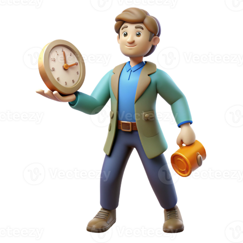 serene minimalist 3D Cartoon Man Holding Clock and Mug high resolution png