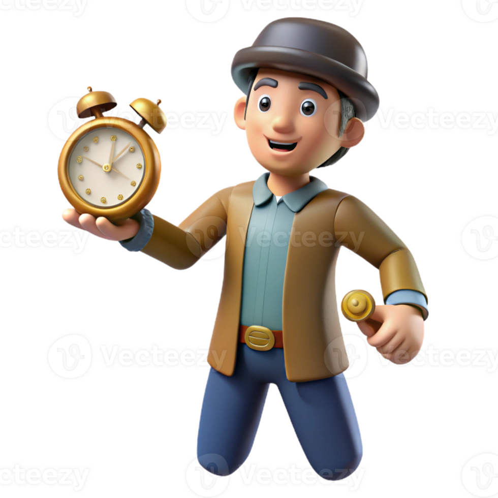 elegant minimalist 3D Cartoon Man Holding Alarm Clock Illustration 4K png