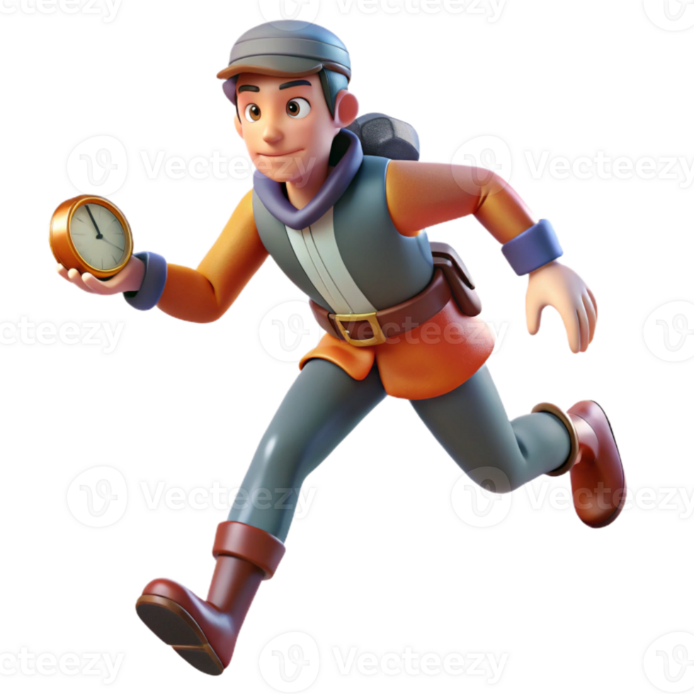 dramatic artistic Running 3D Cartoon Adventurer with Clock genuine png