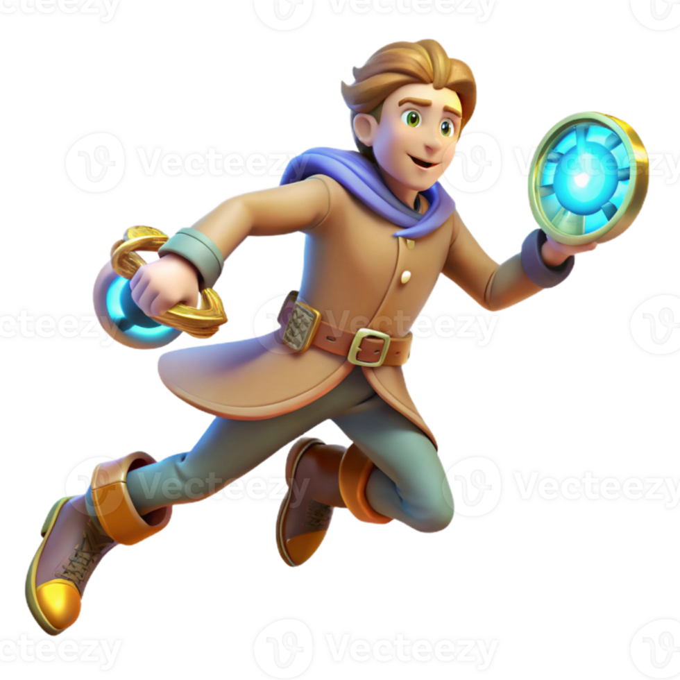 serene creative 3D Render Boy Adventurer Running with Glowing Artifacts high quality png