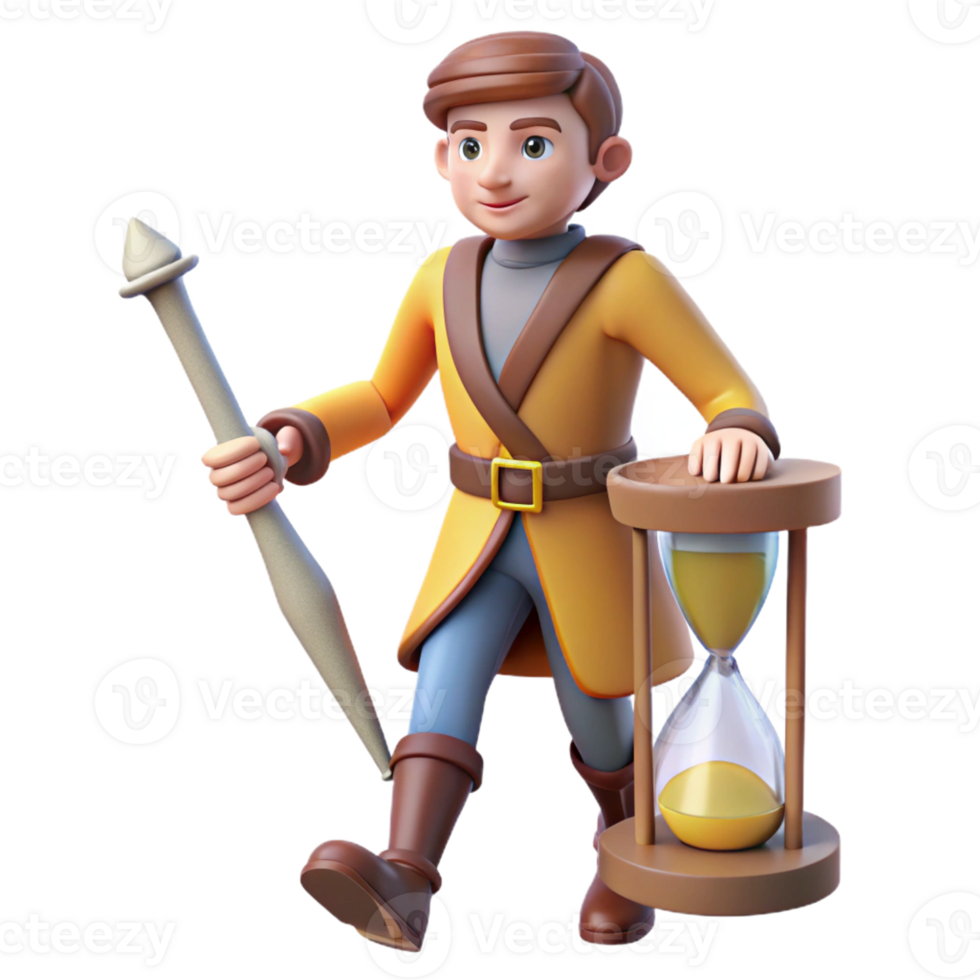 serene modern 3D Cartoon Boy with Hourglass and Staff high resolution png