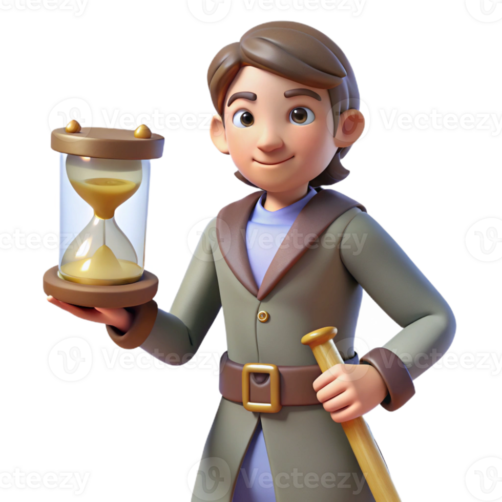 impressive vintage 3D Cartoon Boy with Hourglass and Stick high quality png