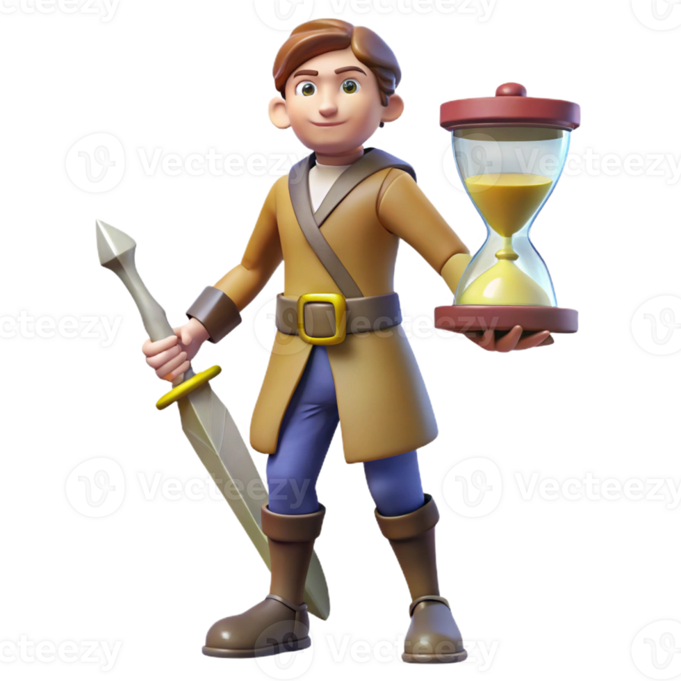 dramatic minimalist 3D Cartoon Boy with Sword and Hourglass exclusive png