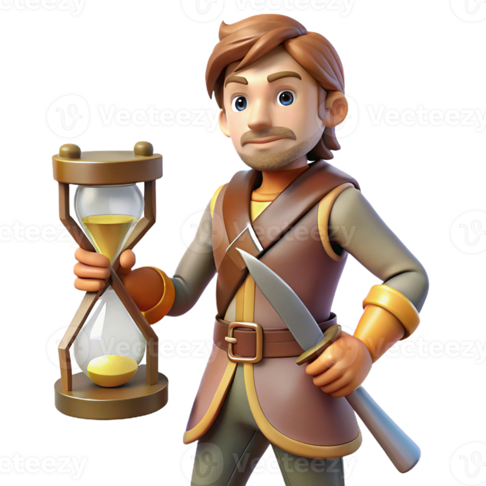 beautiful traditional 3D Cartoon Adventurer with Hourglass premium png