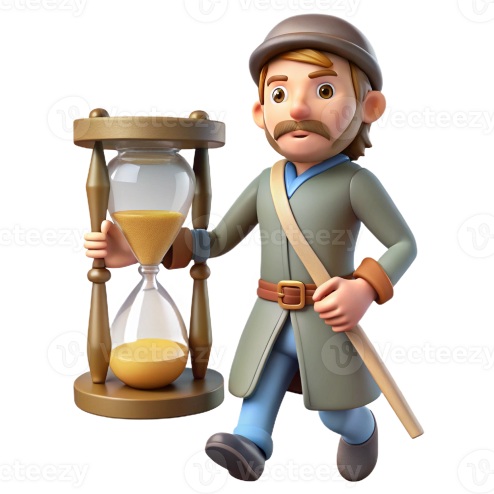 stunning rustic 3D Cartoon Traveler with Hourglass high resolution png