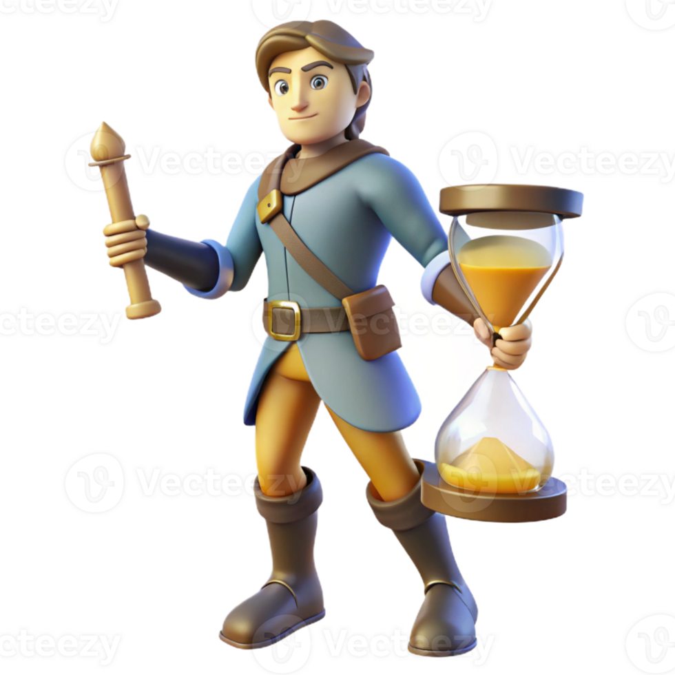 stunning rustic 3D Cartoon Adventurer with Hourglass high resolution png