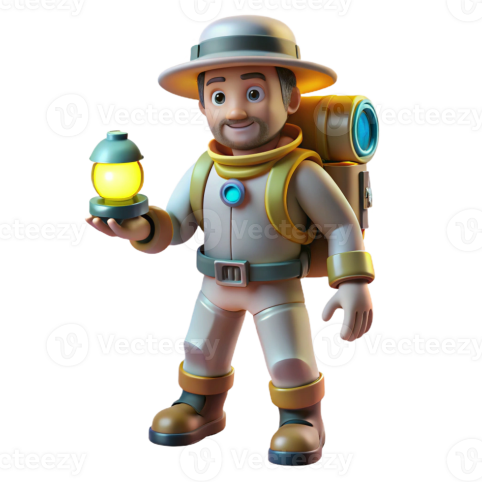 impressive classic 3D Cartoon Explorer with Lantern professional png