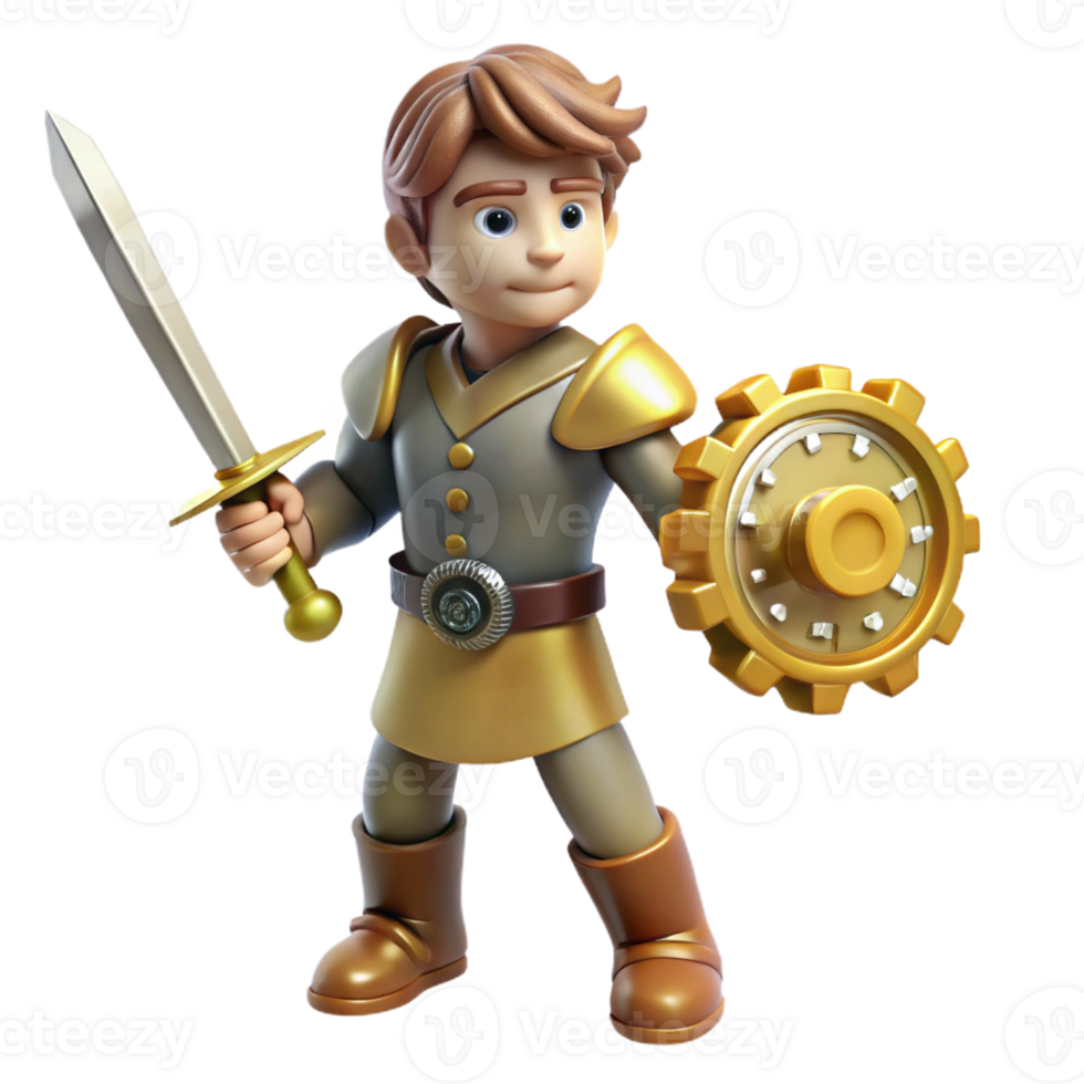 elegant rustic 3D Cartoon Knight with Gear Shield authentic png