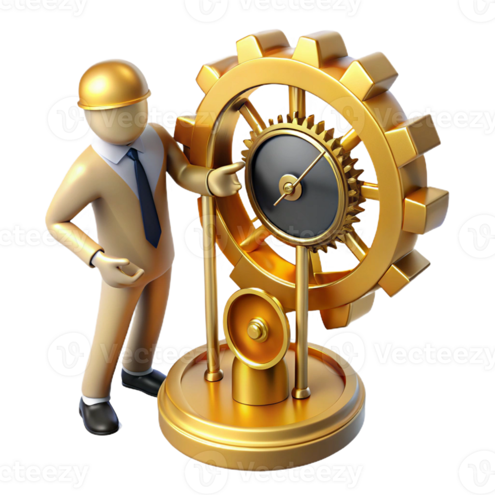 magnificent abstract 3D Golden Gear Clock Illustration high quality png