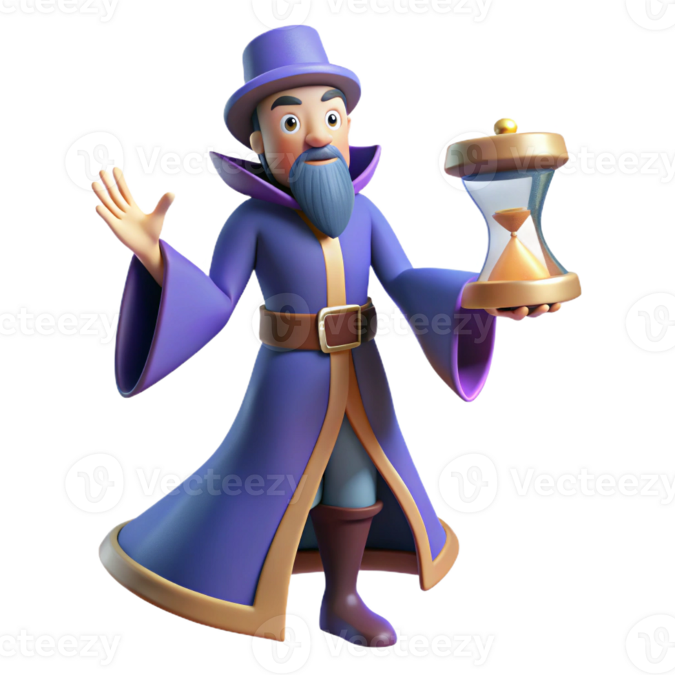 beautiful artistic 3D Cartoon Wizard with Hourglass 4K png