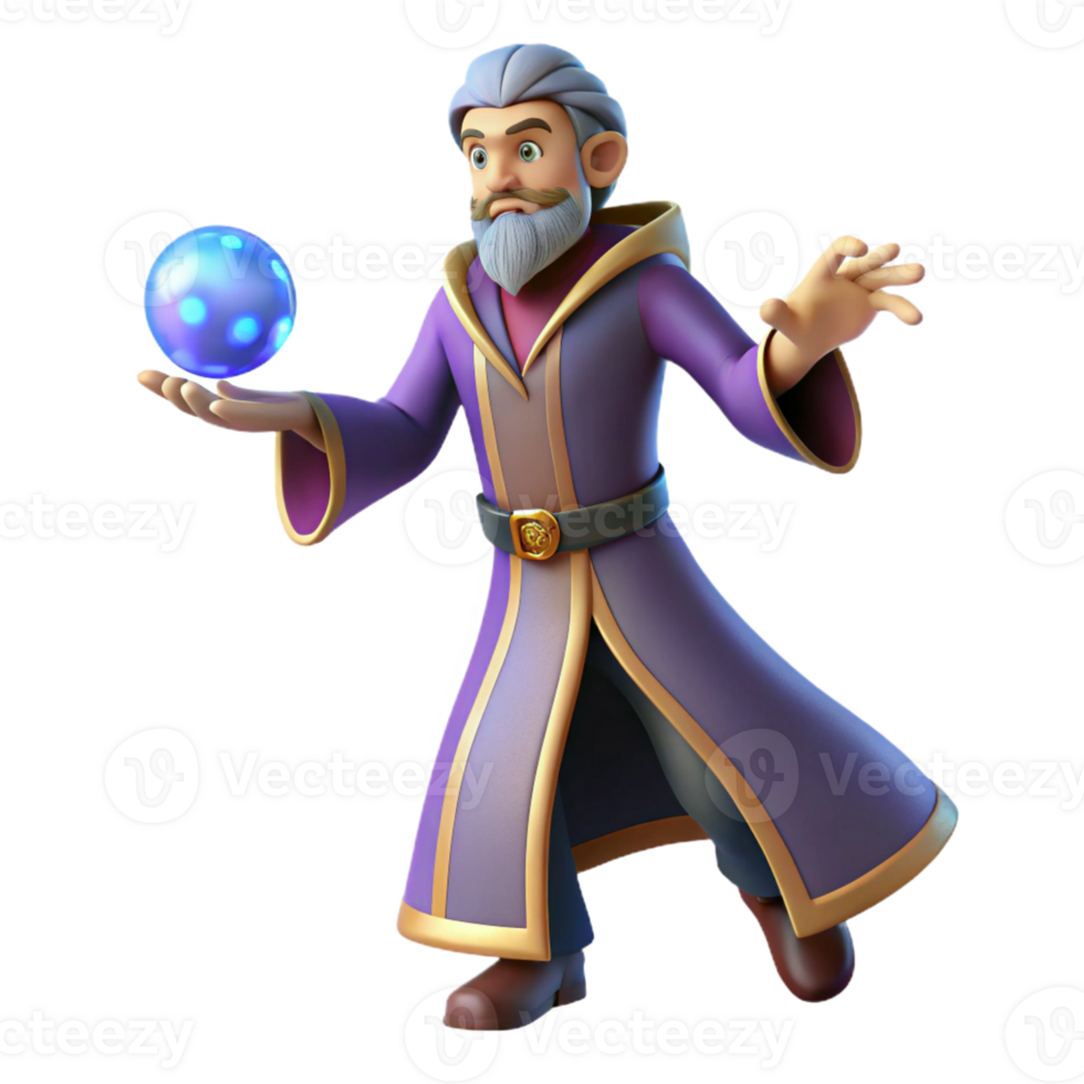dramatic artistic 3D Cartoon Wizard with Magic Orb premium png