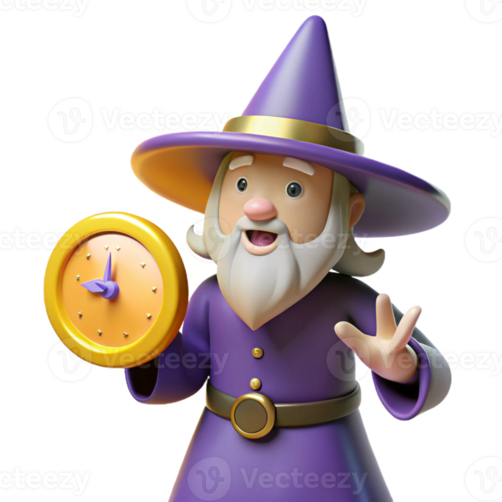 beautiful abstract 3D Cartoon Wizard with Clock Illustration detailed png