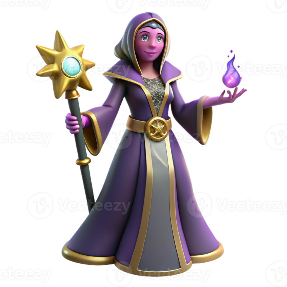 vibrant vintage 3D Render Cartoon Sorceress with Staff genuine png