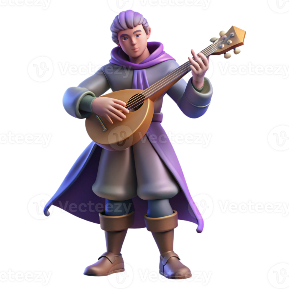 dramatic minimalist 3D Illustration Fantasy Musician Playing Lute high quality png