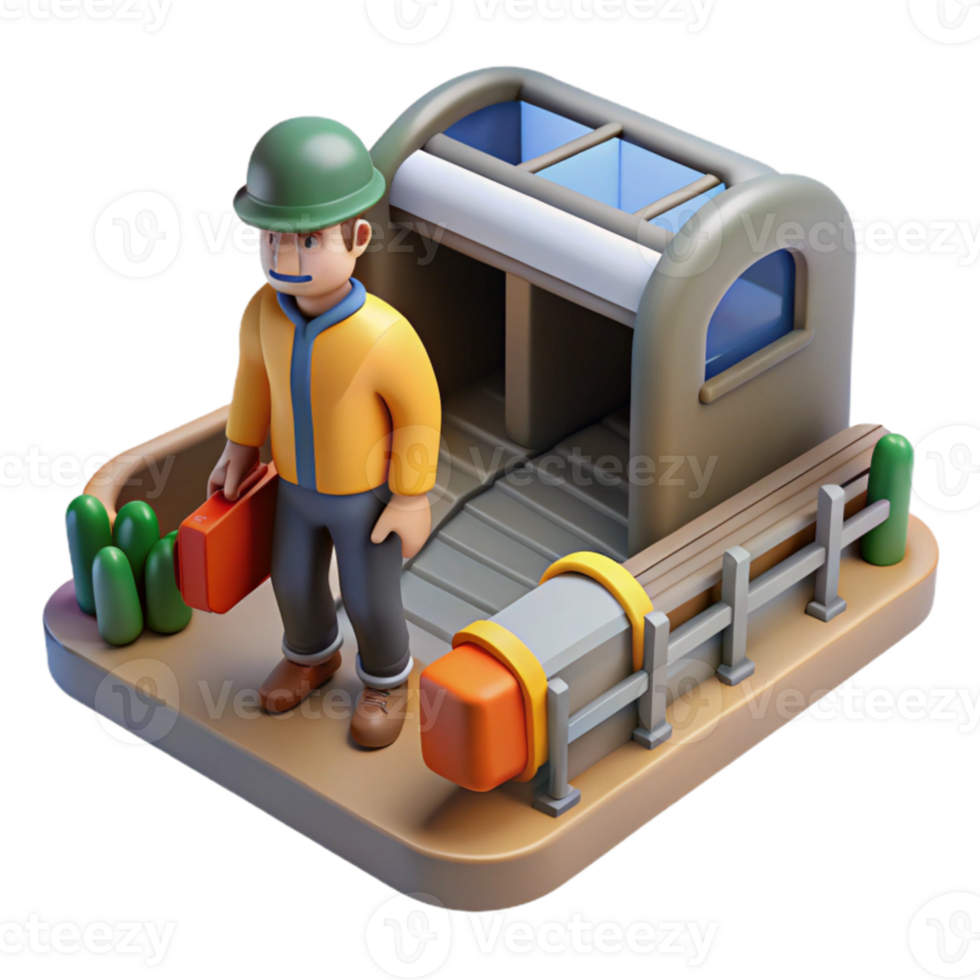 serene traditional 3D Illustration Worker at Small Building detailed png