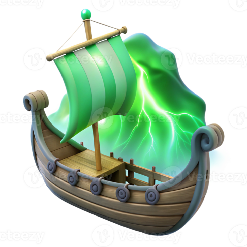 dramatic creative Cartoon Wooden Ship 3D Render, Green Lightning Background professional png