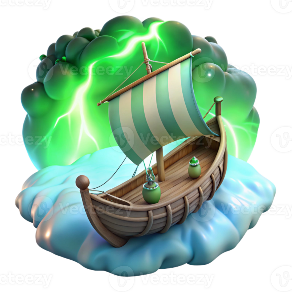 elegant minimalist 3D Cartoon Wooden Ship in Storm Illustration authentic png
