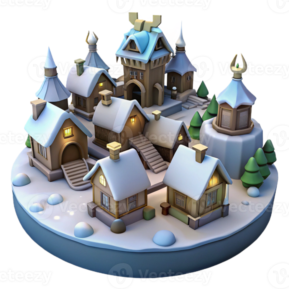vibrant rustic Winter Village 3D Render original png
