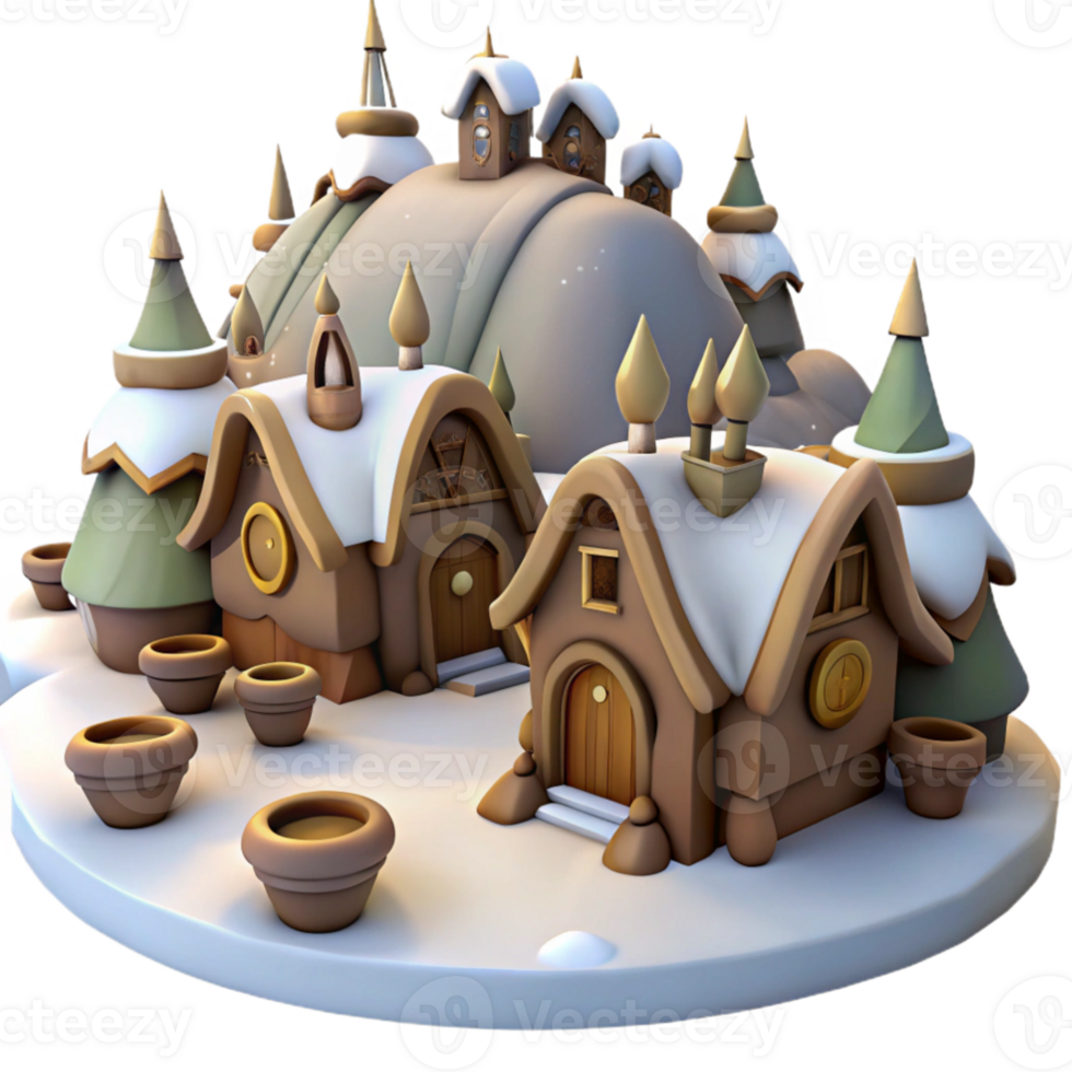 beautiful vintage Winter Village 3D Render detailed png