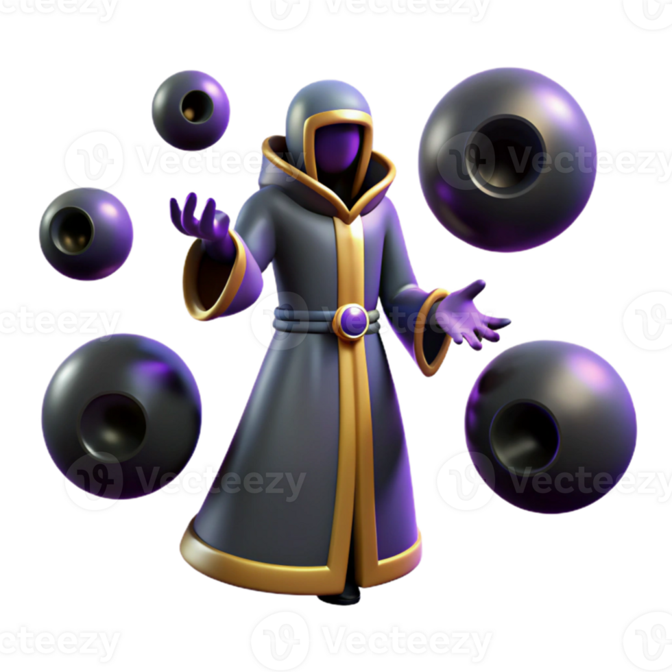 wonderful minimalist Wizard 3D Render Juggling Dark Spheres premium png