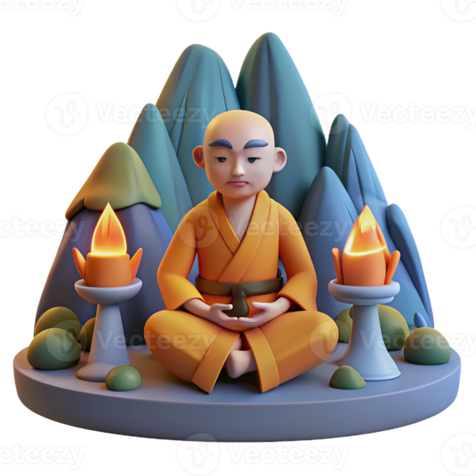 stunning abstract 3D Render Monk Meditating Mountains Candles detailed png