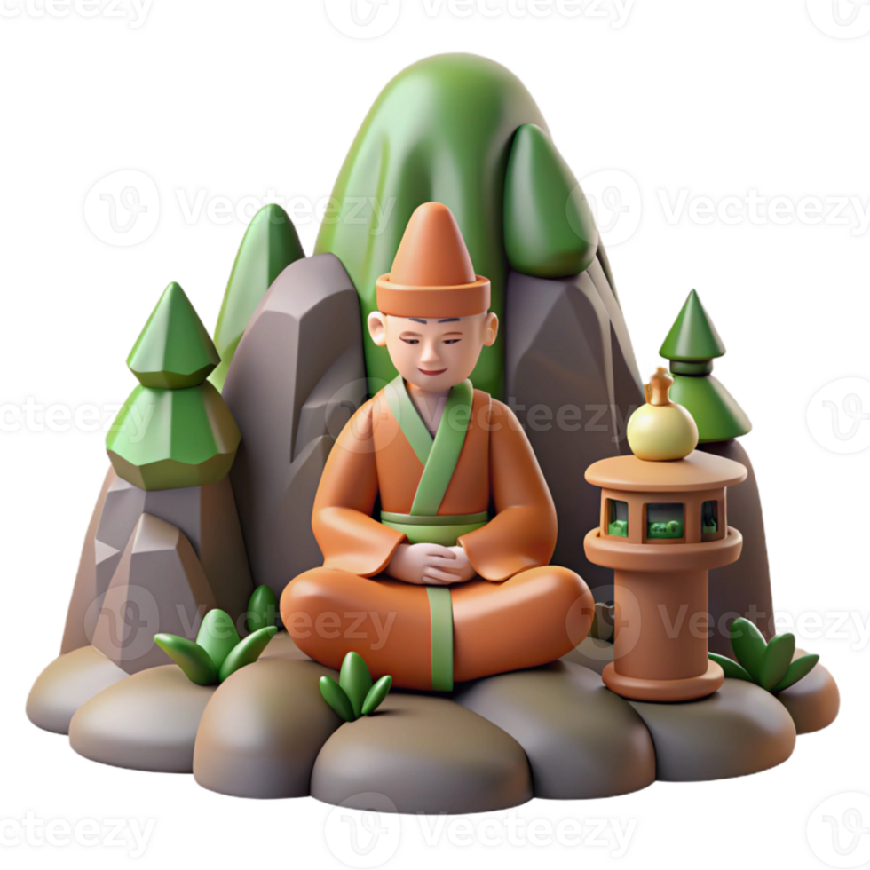 extraordinary minimalist 3D Illustration Monk Meditating Mountain Landscape 4K png