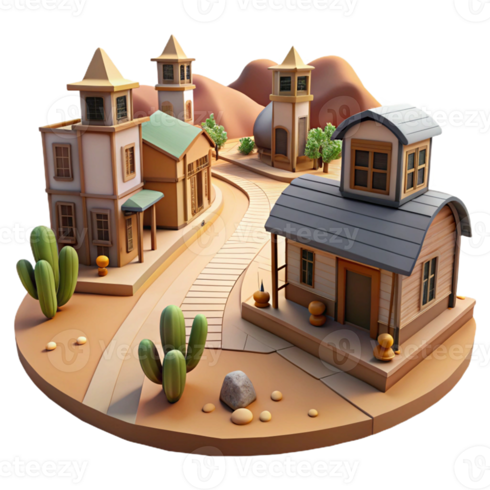 impressive abstract Cartoon Western Town 3D Render authentic png