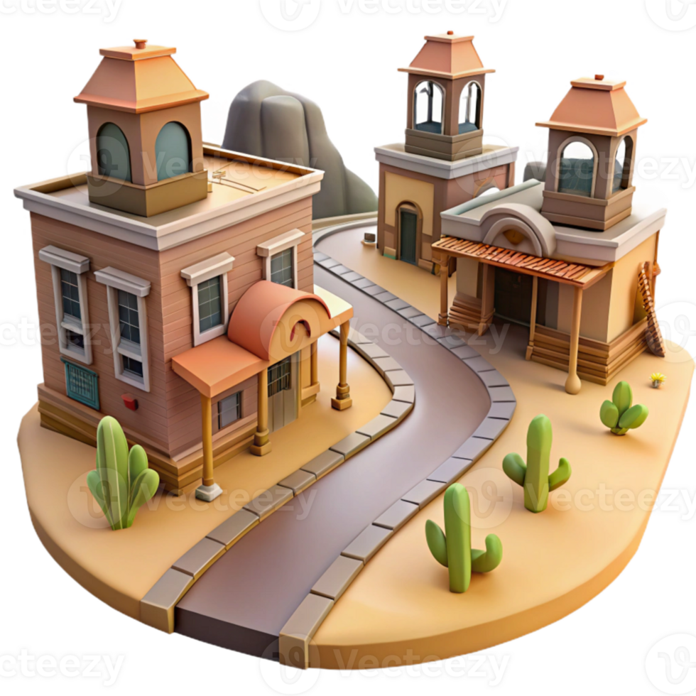wonderful rustic Cartoon Western Town 3D Render authentic png
