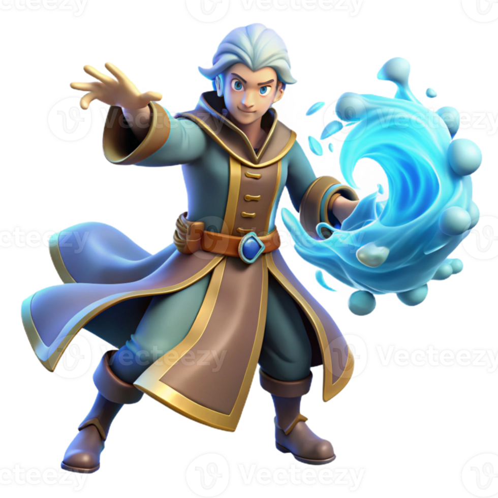 magnificent creative Young Wizard Water Magic 3D Render authentic png